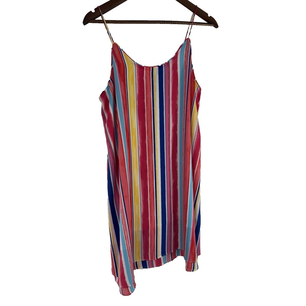 Rainbow‎ Striped Dress sleeveless bright multicolored Mini shift lined beachy